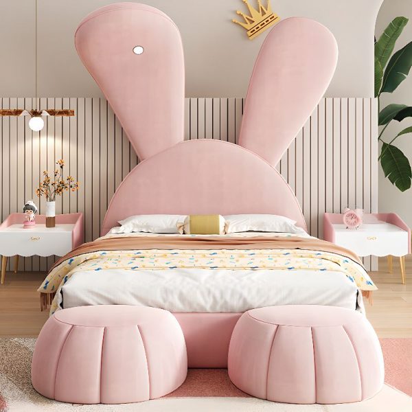 "Pink Lumber Lift Up Storage Kids Bed with Velvet-like Animals Theme, Coir Mattress, Underbed Storage & Headboard"